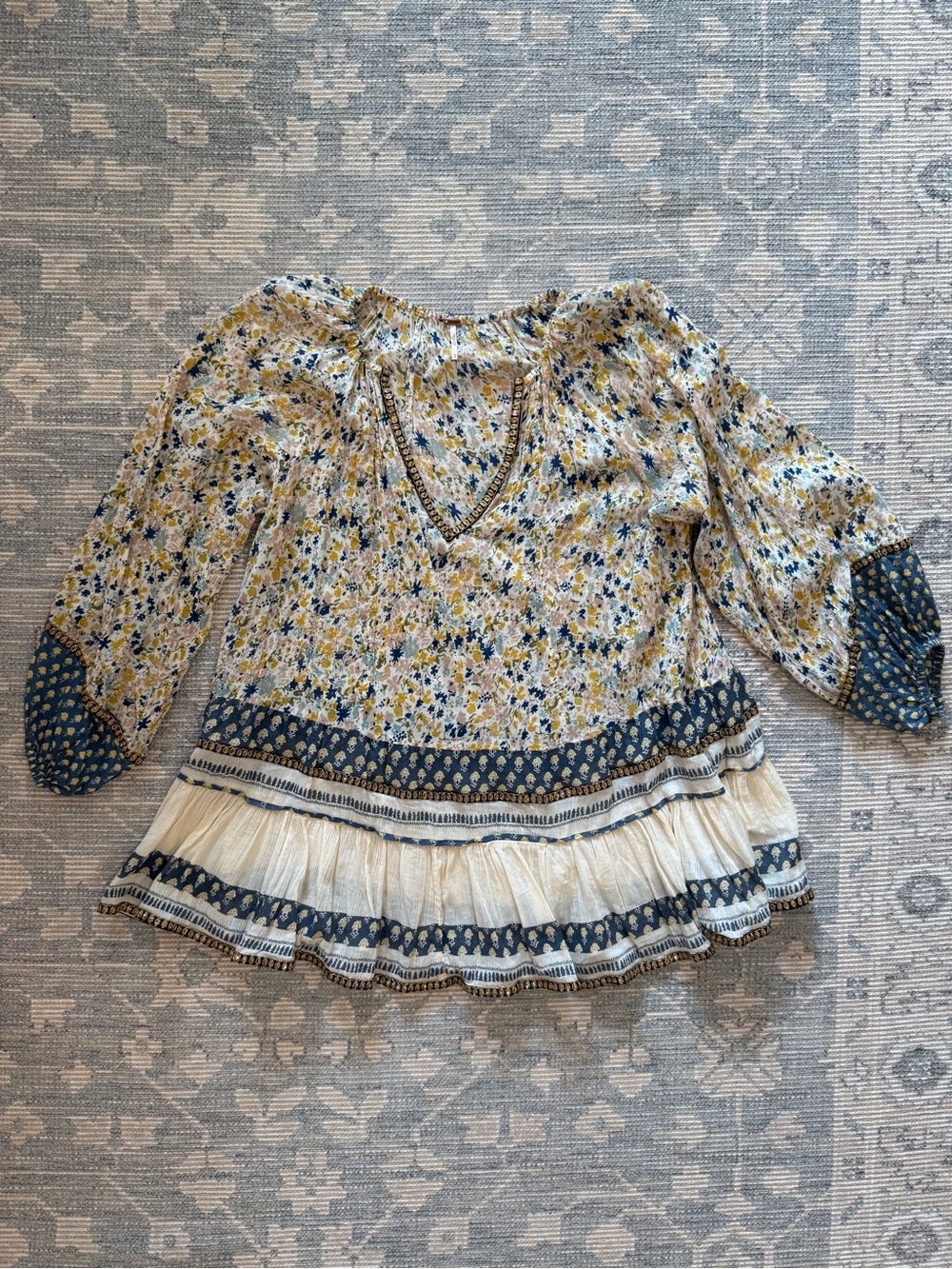 Free People Floral Tiered Peasant Tubic in Yellow & Blue